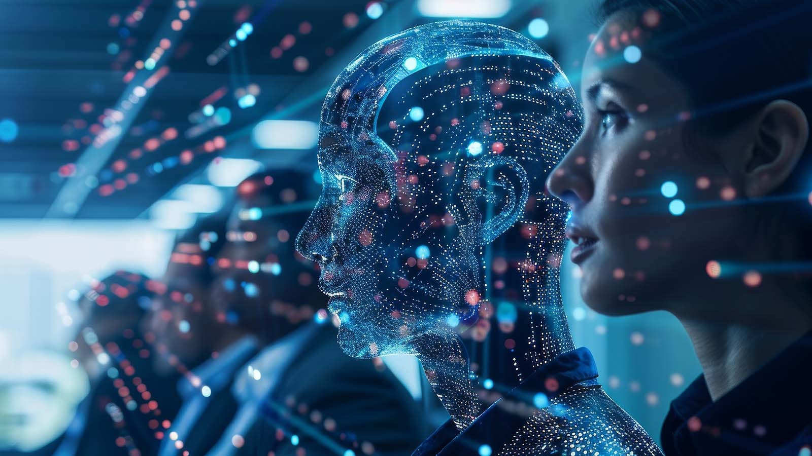 A representation of an "artificial" person standing in line with real people.
